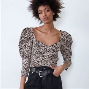 Zara animal print crop top with puff sleeves